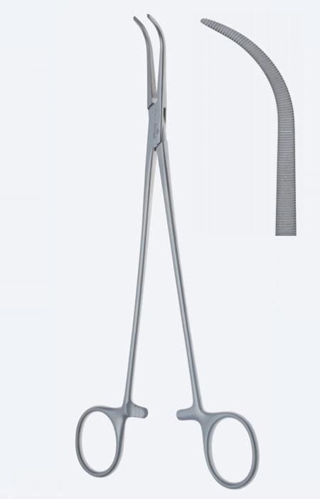 Зажими дисекційні та лігатурні Overholt, Slim Line, фіг. 1, вигн, зубчасті щелепи, з кремальєрою, довжина 295 мм. Бренд - Asanus Medizintechnik Gmb, Німеччина